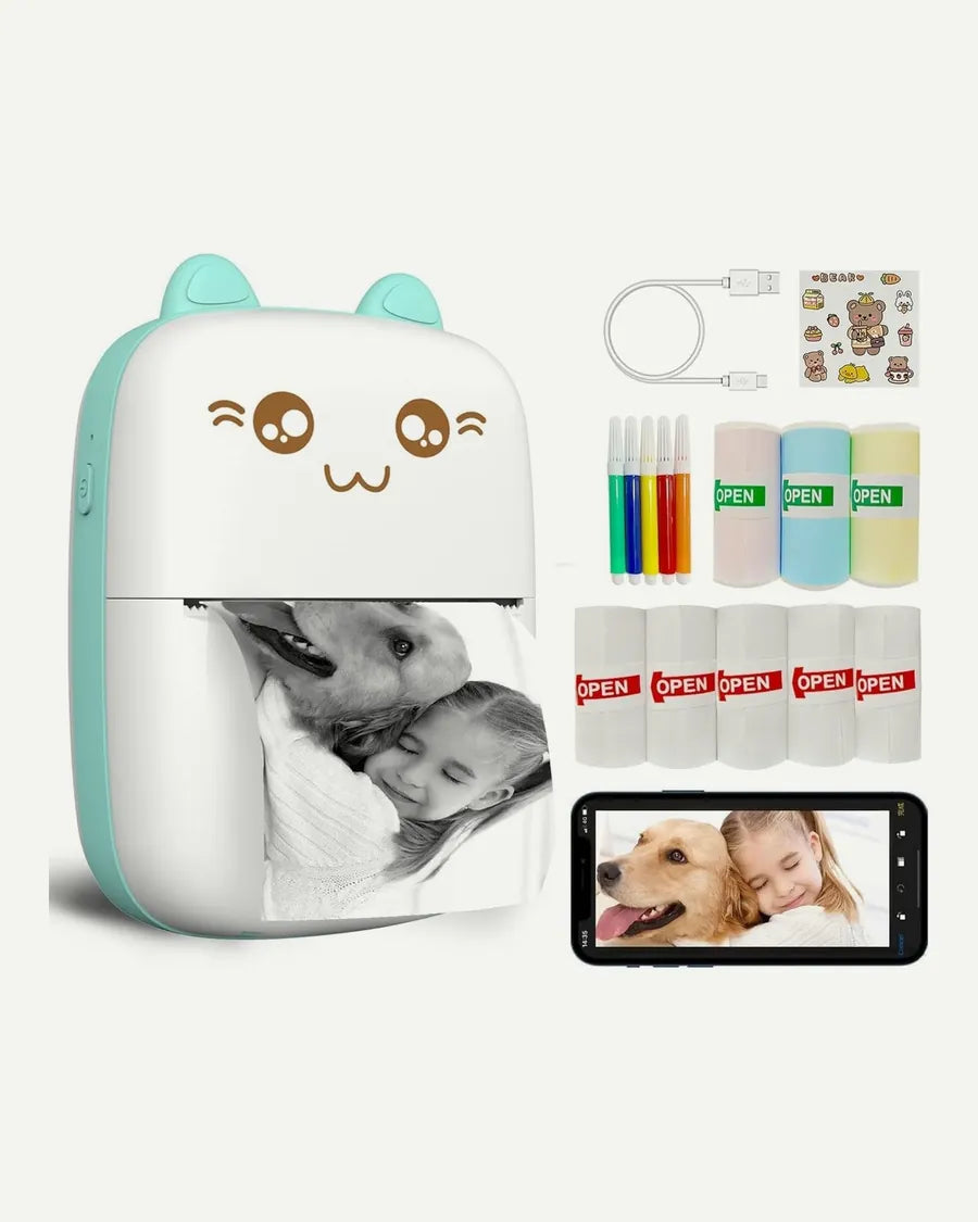 Sticker Printer in aqua with paper rolls and pens