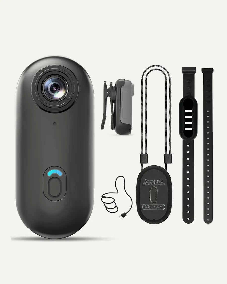 Thumb Cam in black with its clip, pendant and strap